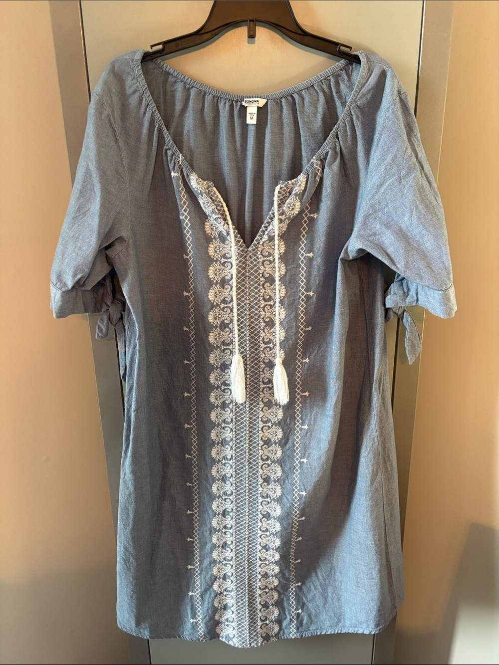 Sonoma Blue Embroidered Boho Dress with Tassel Ties